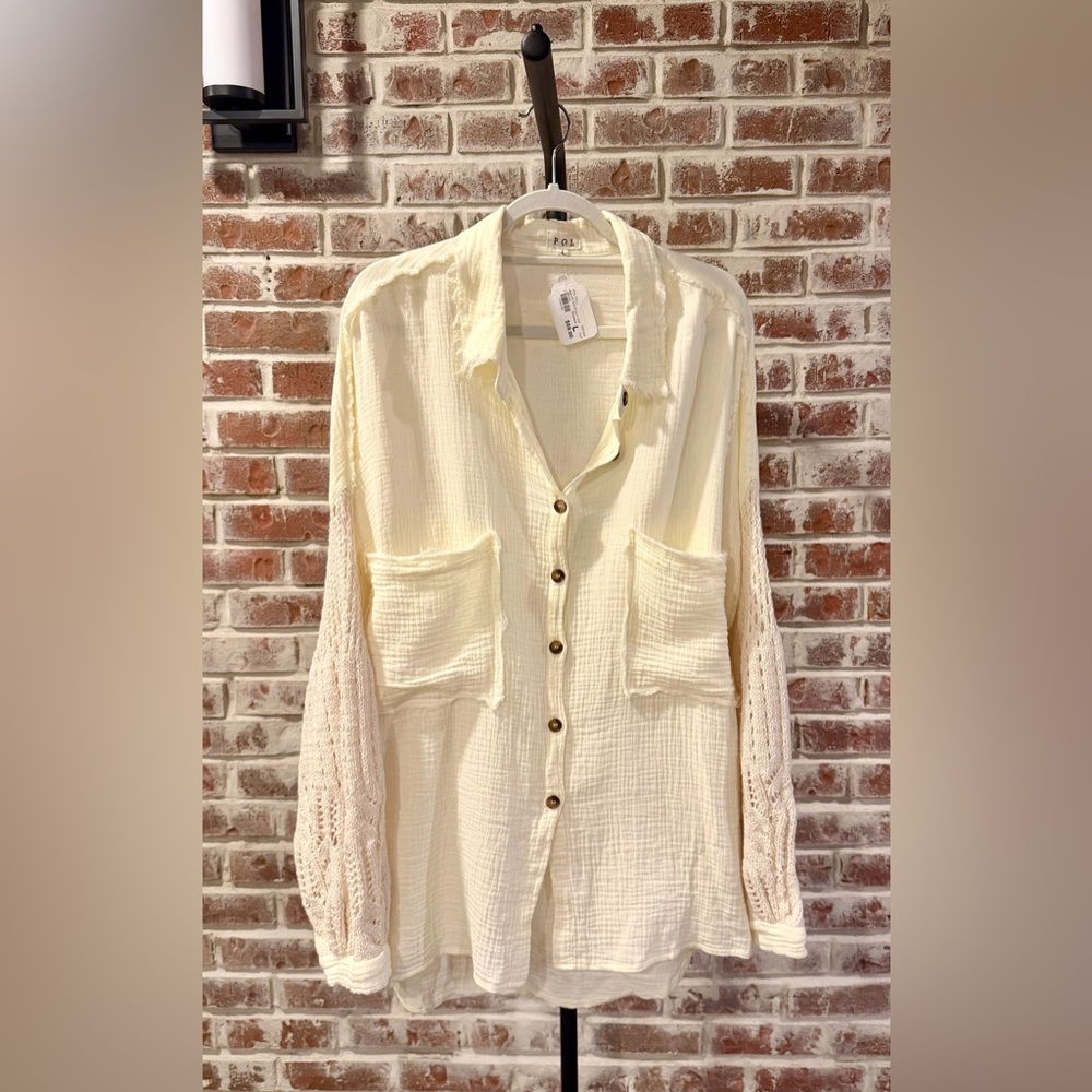NWT POL Ivory Textured Button-Down Shirt Size L